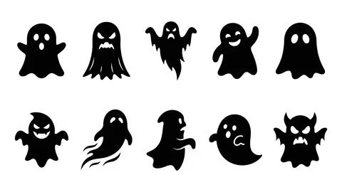 Various spooky and funny ghost silhouette icons for halloween. Stock Illustration