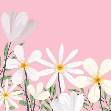 Various spring flowers hand drawn style on pink square background have blan.. Иллюстрация