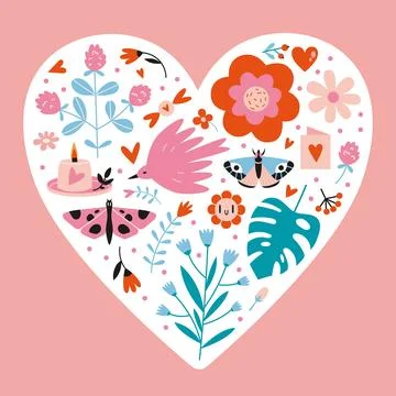 Various spring objects in the shape of a heart, cartoon style. Mother's, Wo.. Stock Illustration