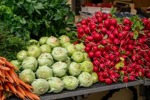 Various stacks of vegetables lie on the table for sale at the market Stock Photos