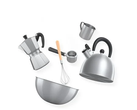 Various stainless steel kitchen tools and cookware isolated on white background Stock Illustration