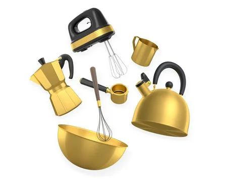 Various stainless steel kitchen tools and cookware isolated on white backgr.. Stock Illustration