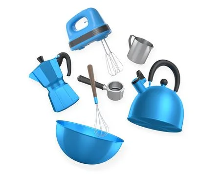 Various stainless steel kitchen tools and cookware isolated on white backgr.. Stock Illustration