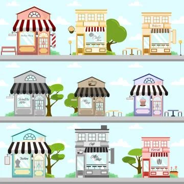 Various Store Front Building Background Illustration Design Set Stock Illustration