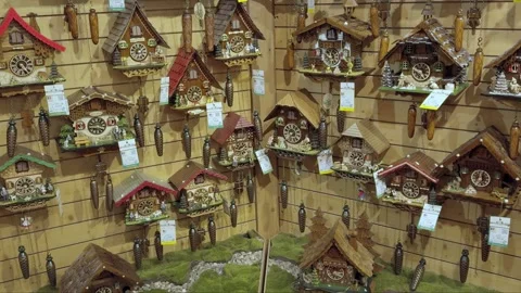 Various styles and sizes of Cuckoo clocks for sale in a shop. Stock Footage 289558878