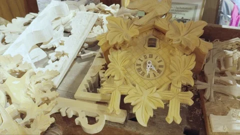 Various styles and sizes of Cuckoo clock parts before assembly. Stock Footage 289558922