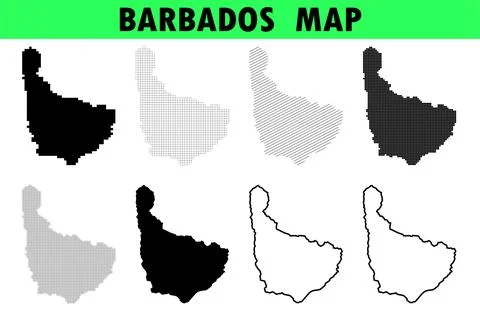 Various styles of a map of Barbados featuring solid shapes grid patterns an.. Stock Illustration