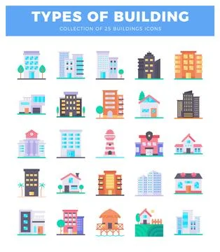 Various stylized building icons in flat design vector graphics. Stock Illustration