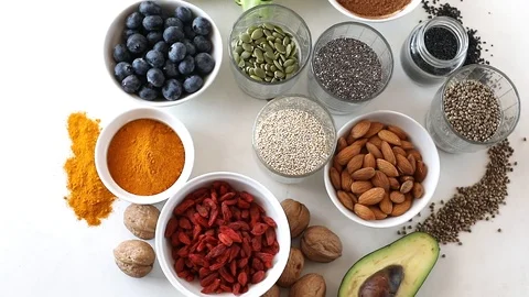 Various superfoods. Stock Footage 95633921
