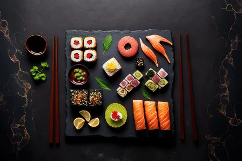 Various sushi on a black slate background with a wooden desk. Asian inspired Stock Illustration