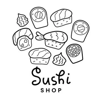 Various sushi doodles, linear hand drawn sushi rolls icon set, japanese food Stock Illustration