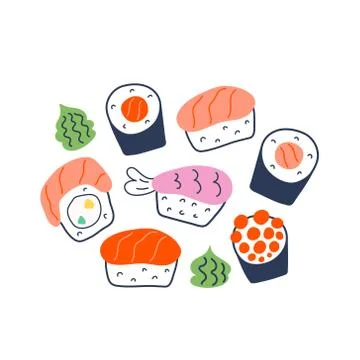 Various sushi rolls, doodle maki, philadelphia and nigiri with salmon, shrimp Stock Illustration