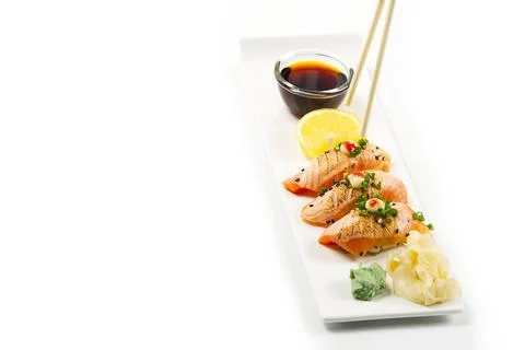Various sushi rolls on white background. With copy space for text. Top view Stock Photos