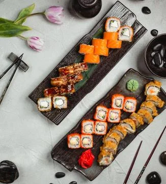 Various sushi sets top view Stock Photos