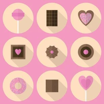 Various sweets flat icon set in pink and brown tones Stock Illustration