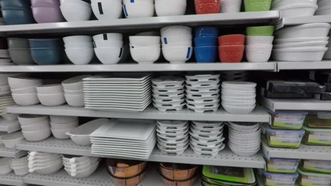 Various tableware , dishes on store shelves Stock Footage 163616187