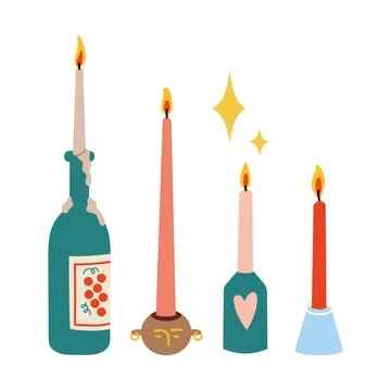Various taper Candles. Different candlesticks, cartoon style. Trendy modern.. Stock Illustration