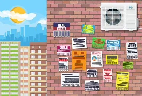 Various tear off papers ad on brick wall Stock Illustration