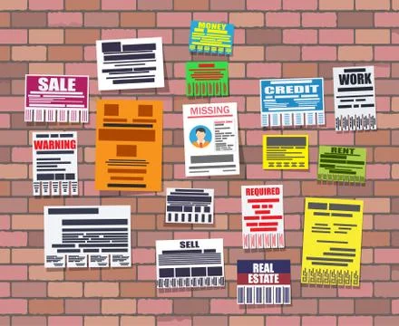 Various tear off papers ad on brick wall Stock Illustration