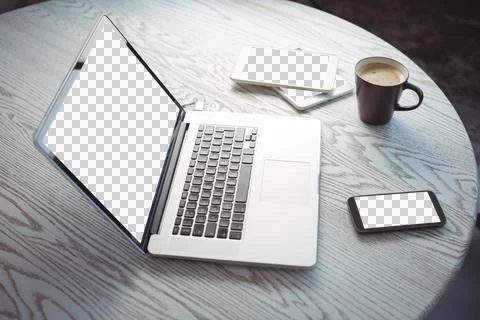 Various technologies with coffee cup on desk in office イラスト素材