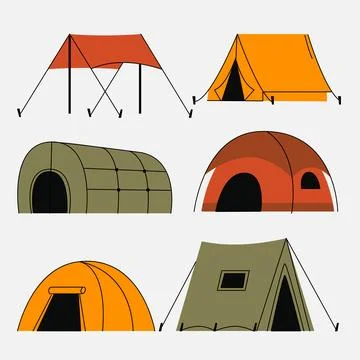 Various tent types including dome tent, tunnel tent, A-frame tent, canopy Stock Illustration