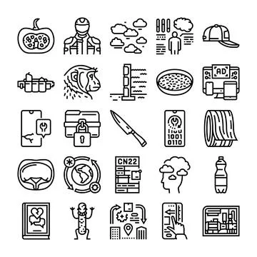 Various thin line icons representing technology and digital concepts Illustrazione stock