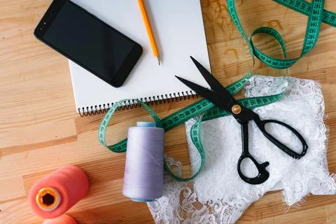 The various tools and accessories for needlework, top view Stock Photos