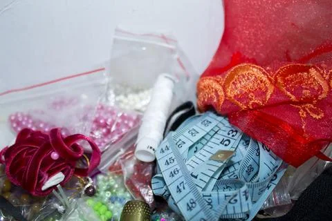 The various tools and accessories for needlework, top view Stock Photos
