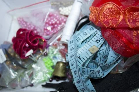 The various tools and accessories for needlework, top view Stock Photos