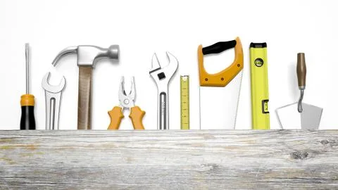 Various tools and wood with copy-space, isolated on white Stock Illustration