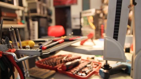 Various tools for electronic repairs, repair shop Stock Footage 120472304