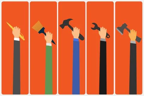 Various tools in the hands. Flat design style illustration. Illustrazione stock