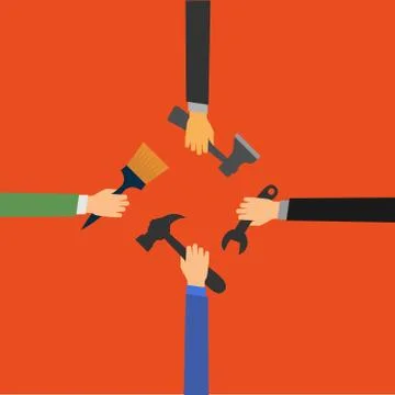 Various tools in the hands. Flat design style illustration. Stock Illustration
