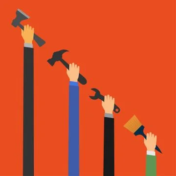 Various tools in the hands. Flat design style illustration. Ilustração Stock