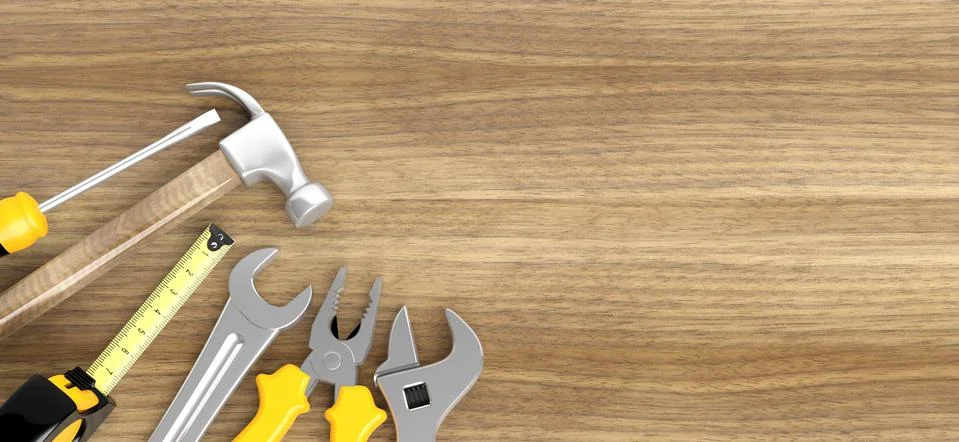 Various tools on wooden background with copy-space Stock Illustration