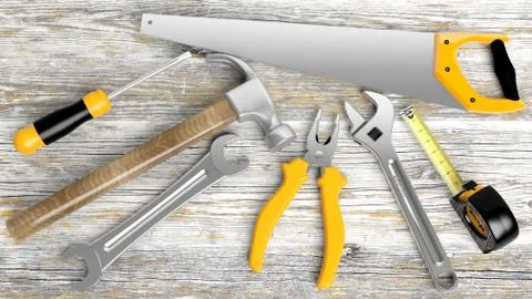 Various tools on wooden background Illustrazione stock