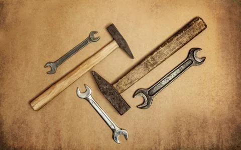 Various tools to work with, hammers, spanners Stock Photos
