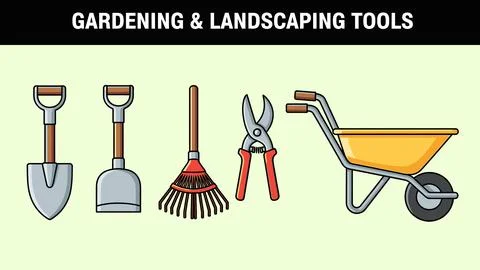 Various tools for yard work are displayed in this image bundle design Stock Illustration