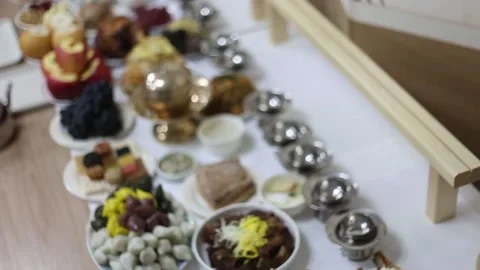 Various Traditional Korean Food on Table Ancestral Rites Ceremony Offering Stock Footage