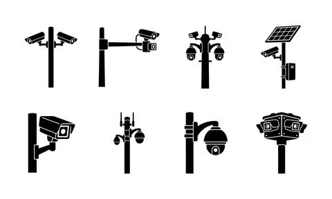Various traffic surveillance camera security monitor pole silhouettes design Illustrazione stock