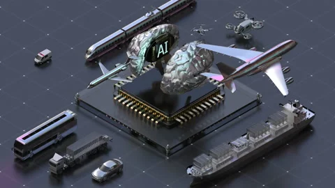 Various transportation controlled by artificial intelligence brain. 4k. 스톡 동영상 148624076