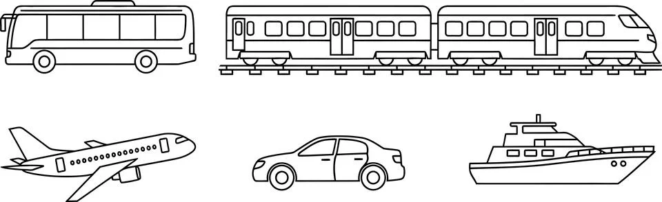 Various transportation modes including bus, train, airplane, car, and yacht a Stock Illustration