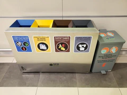 Various trash bins for differentiate sorted garbage to recycling Stock Photos