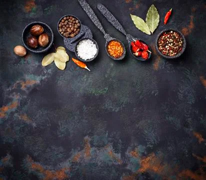 Various type of dry herbs and spices Stock Photos