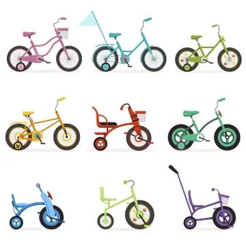 Various type of kids bikes set, colorful bicycles with different frame types 스톡 일러스트