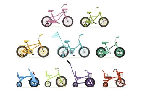 Various type of kids bikes set, colorful bicycles with different frame types 스톡 일러스트