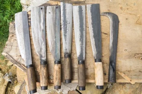 Various type of knife that farmer use Stock Photos
