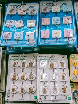 Various types of adhesive hooks Stock Photos