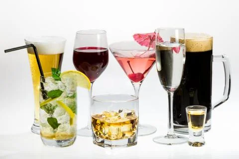 Various types of alcohol on a white background Stock-Fotos