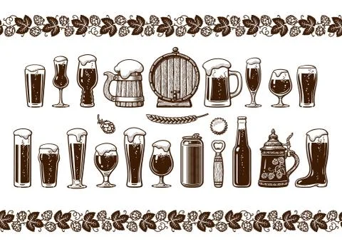 Various types of beer glasses and mugs. Seamless border. Hand drawn engraving Stock Illustration